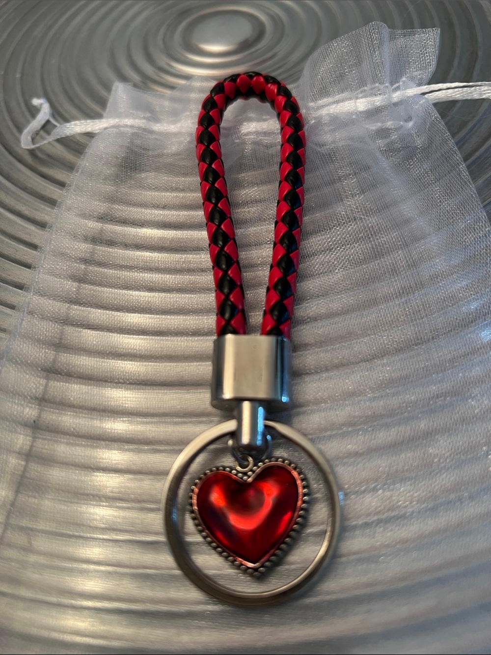 Red Braided with Black leather Heart Keychain Charm - Women Accessories